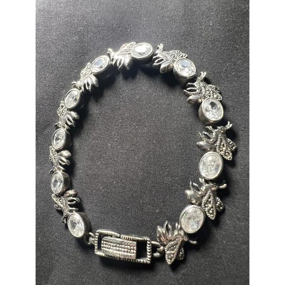 Sterling Silver Figural BEE Oval CZ  Crystal Marcasite Tennis Bracelet - Picture 4 of 9